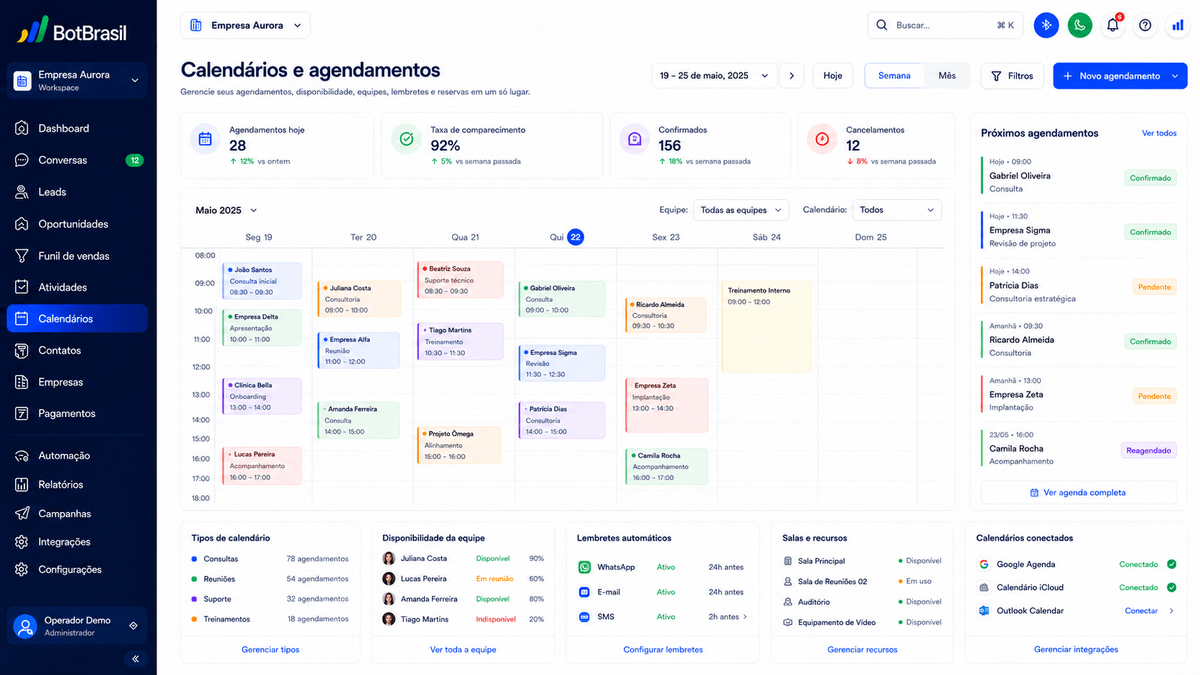 Calendário de agendamento online da BotBrasil com horários disponíveis e confirmação automática — BotBrasil para oficinas