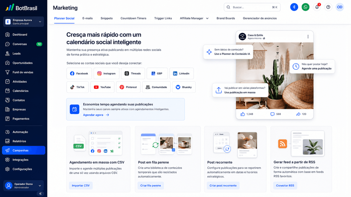 Painel de marketing da BotBrasil com gestão de redes sociais, campanhas e relatórios de conversão — BotBrasil para oficinas