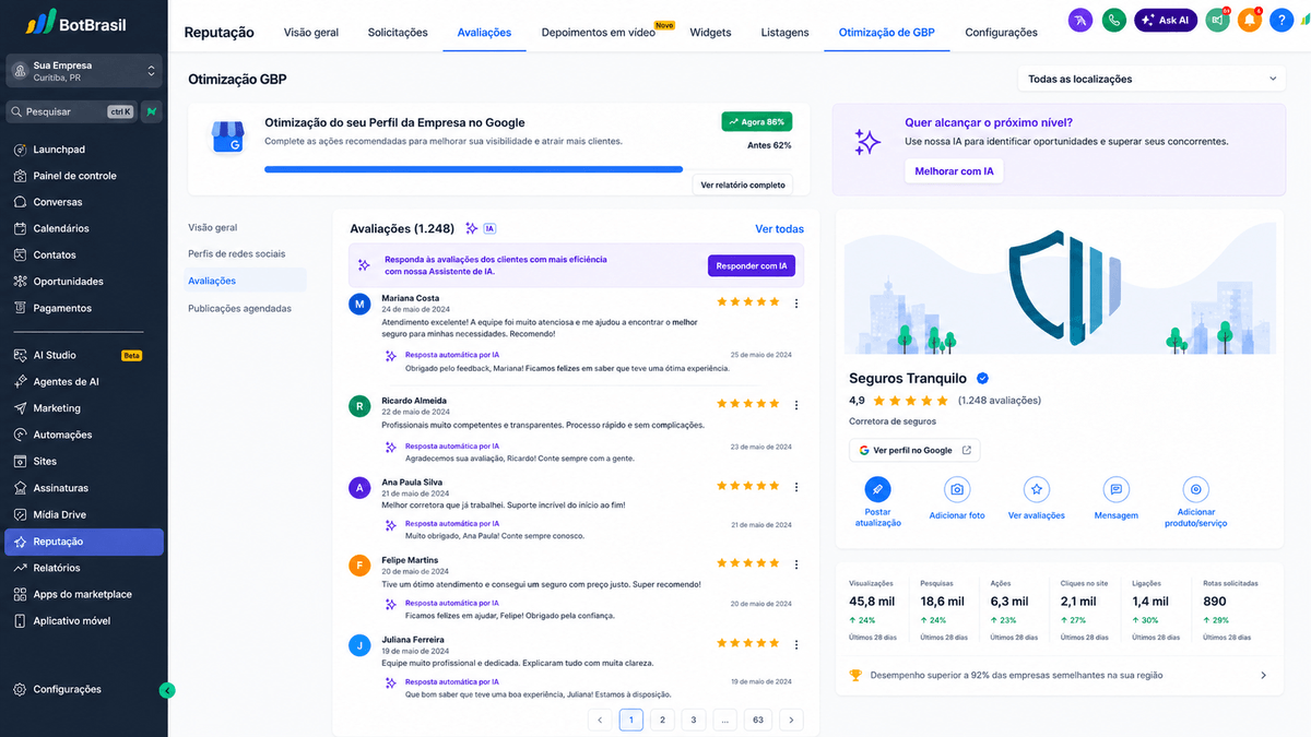 Painel de reputação online da BotBrasil com avaliações do Google, NPS e respostas automáticas — BotBrasil para oficinas